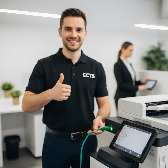 Certified technician finishing rapid setup of a multifunction printer (MFP) rental in a Chicago office.