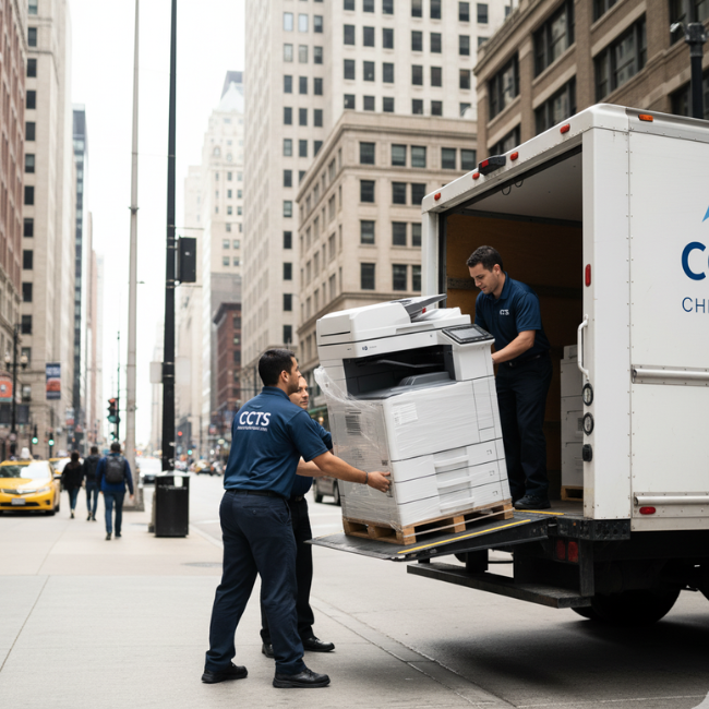 Fast delivery and installation of a commercial copier rental by a uniformed team at a business location in Downtown Chicago.