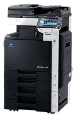 A lineup of commercial Xerox and Canon multifunction printers for rent at a business facility in Chicago 60601.