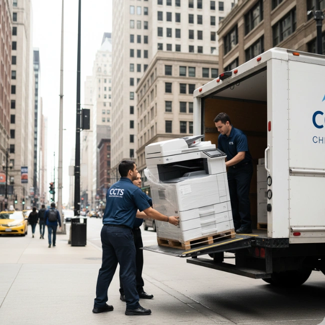 Efficient delivery and logistical team deploying a commercial copier rental to a business in the Chicago 60601 Loop district.