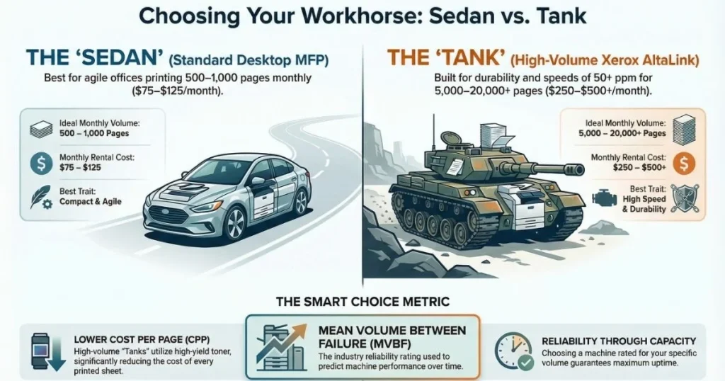 A visual comparison for Chicago business owners between compact desktop MFPs and high-volume Xerox AltaLink "tanks" based on monthly page volume.