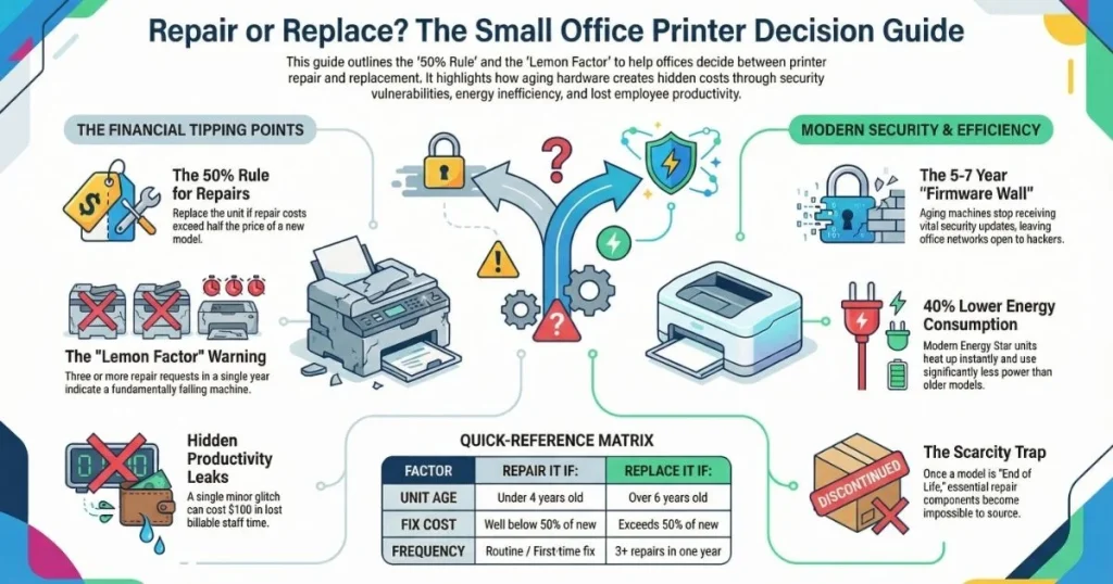 A financial tipping point matrix for Printer Repair in Chicago businesses, highlighting the scarcity trap and firmware security barriers.