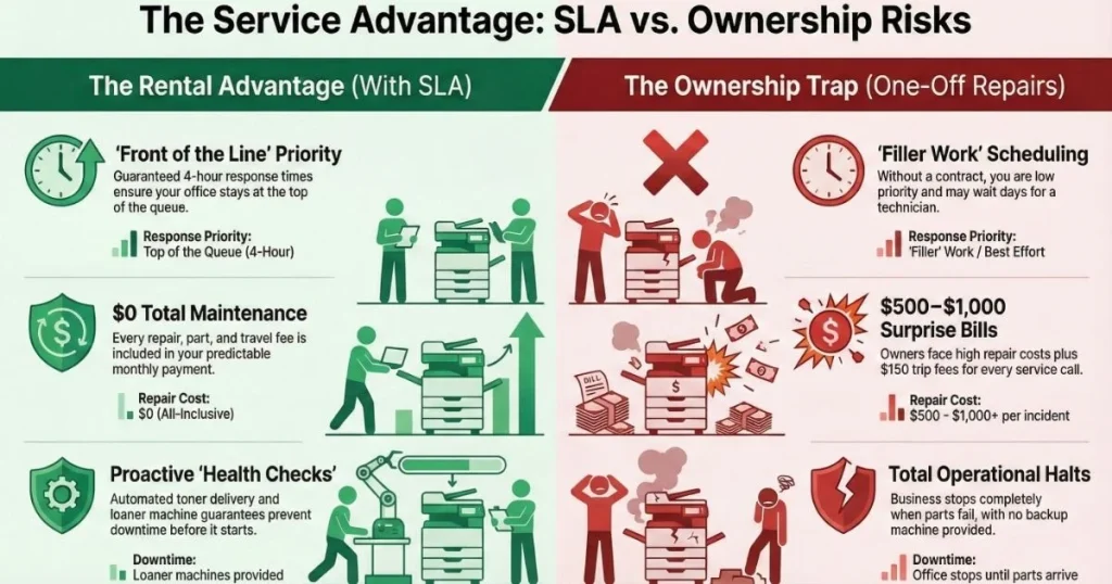 Comparison chart for Chicago offices showing rental benefits like guaranteed 4-hour response times versus ownership risks like $1,000 surprise repair bills.