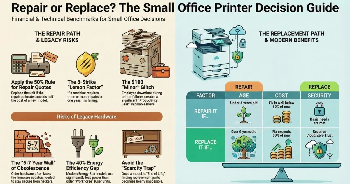 Visual guide for Chicago offices deciding on Printer Repair, featuring the 50% rule, 3-strike lemon factor, and legacy hardware risks.