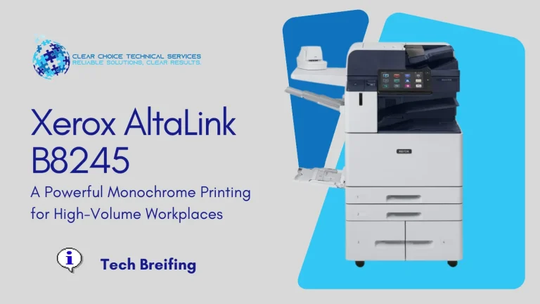 Xerox AltaLink B8245 black-and-white multifunction printer featuring a 10.1-inch touchscreen and high-capacity trays at 200 East Randolph Street, Chicago, IL.