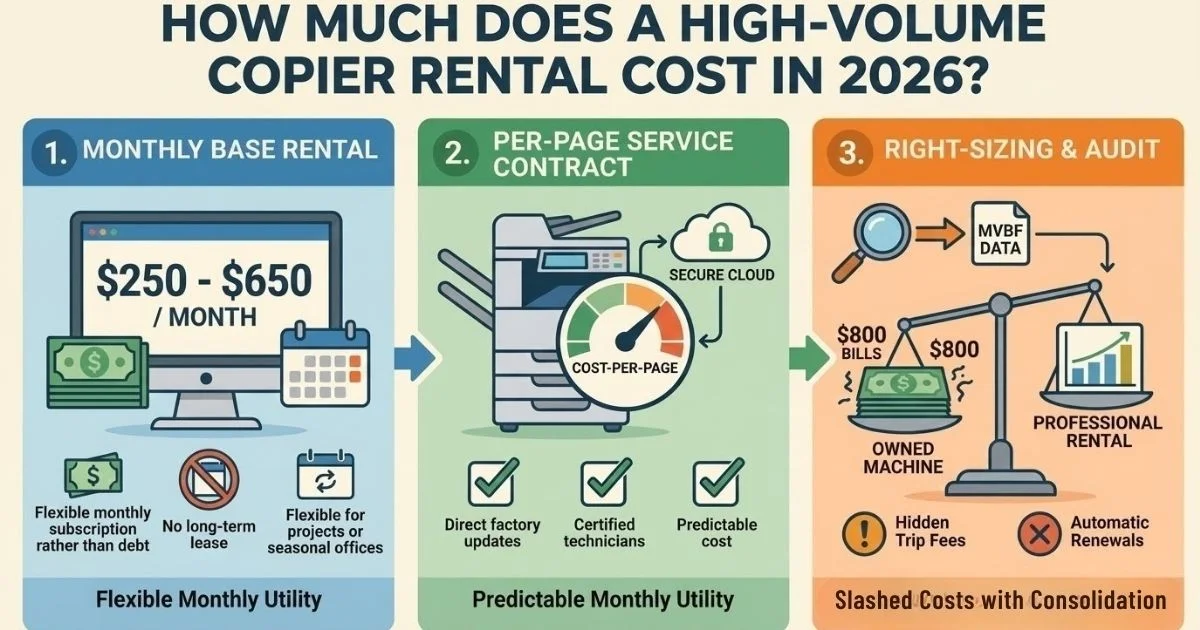 Infographic showing a Chicago Copier Rental Cost between $250 and $650 per month, featuring flexible monthly subscriptions and no long-term debt.