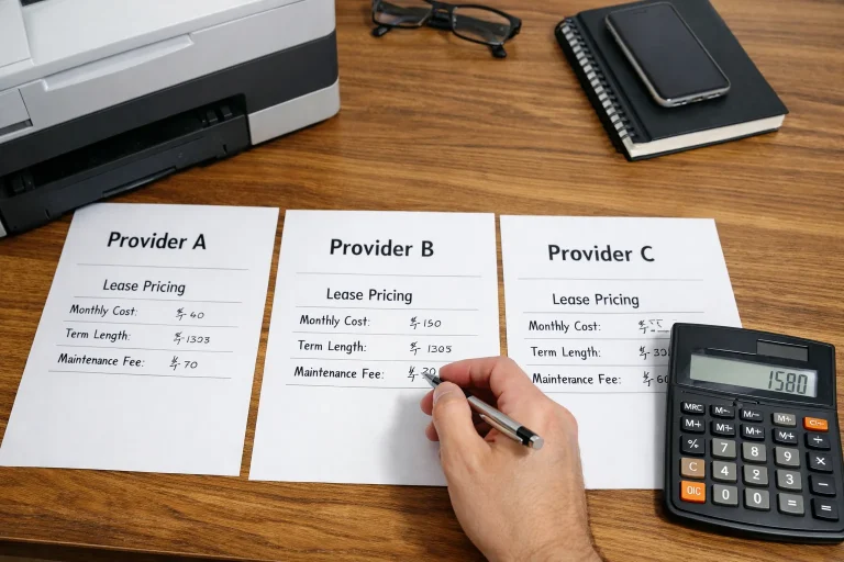 A business professional in Chicago comparing copier lease pricing quotes from three different providers with a calculator and office hardware.