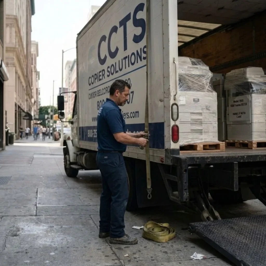 A professional logistics team member securing a fleet of rented office copiers in a CCTS delivery truck on a busy Chicago street.