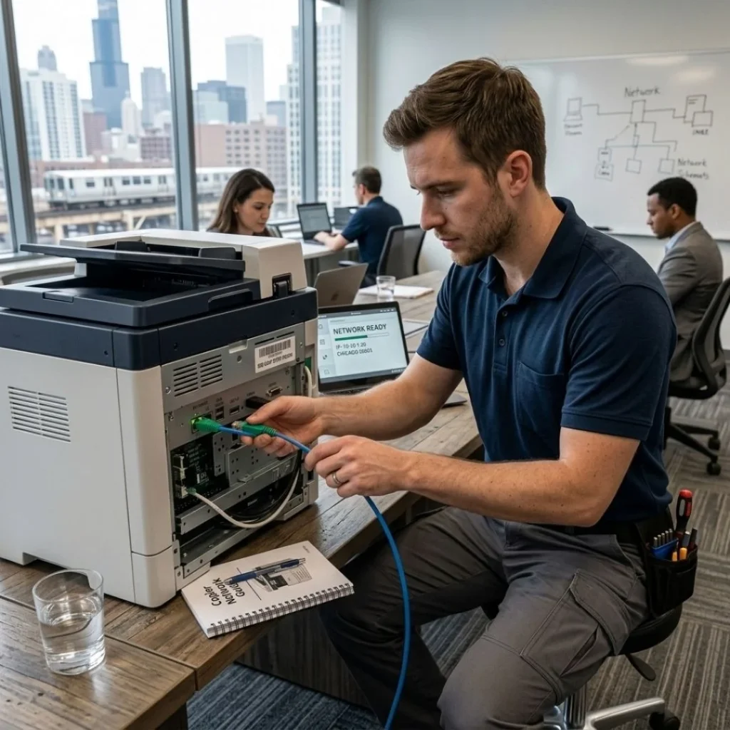 A male technician in a Chicago office performing a secure "Network Ready" IP configuration for a multi-function printer rental.