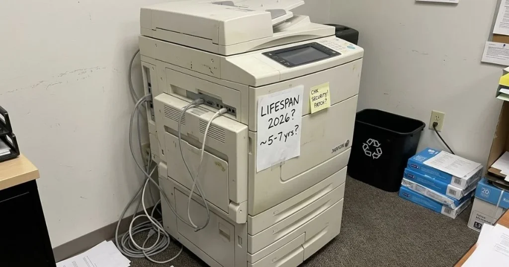 An older Xerox copier in a Chicago office corner with a handwritten note regarding its 2026 lifespan and security patch requirements.