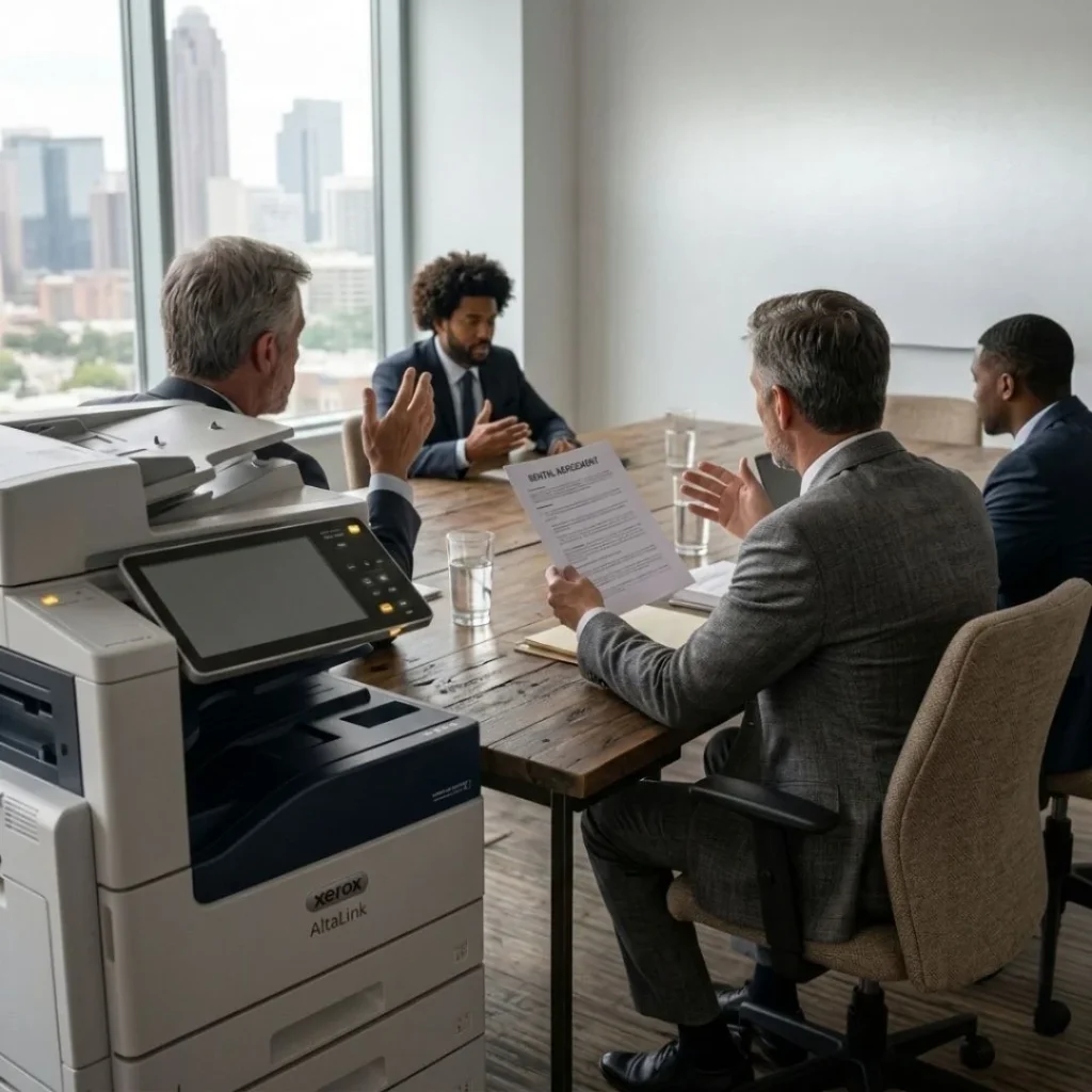 Business professionals reviewing a short-term copier rental agreement next to a Xerox AltaLink in a Chicago downtown office.