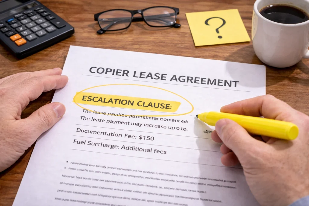 Hand highlighting a clause in a Chicago Copier Lease Agreement to ensure all terms are understood.