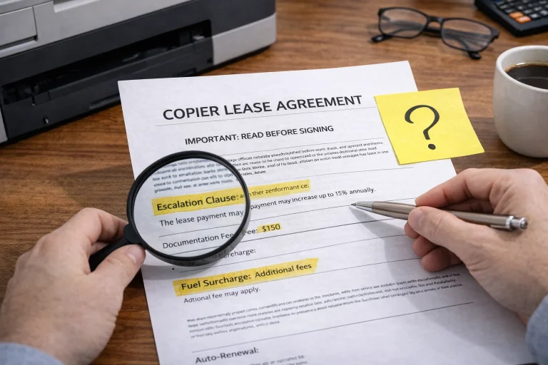 A business owner using a magnifying glass to inspect the fine print of Chicago Copier Lease Agreements.