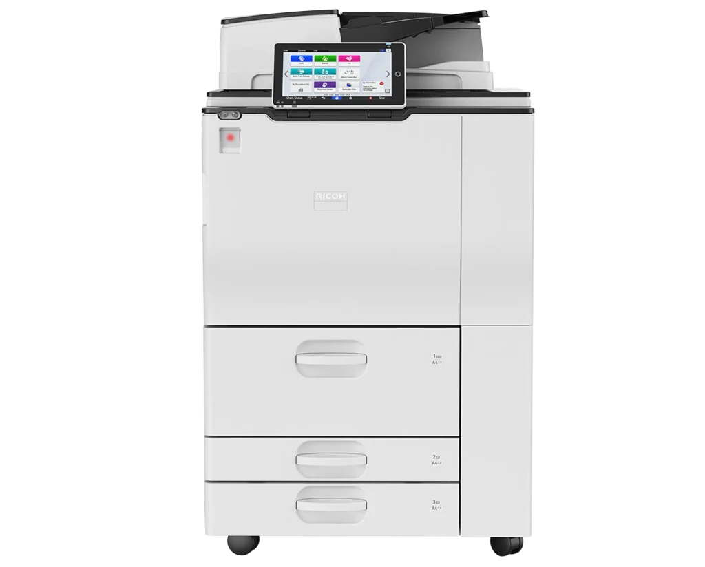 A high-capacity Ricoh multi-function printer available for lease and short-term rental in a Chicago Loop corporate office.