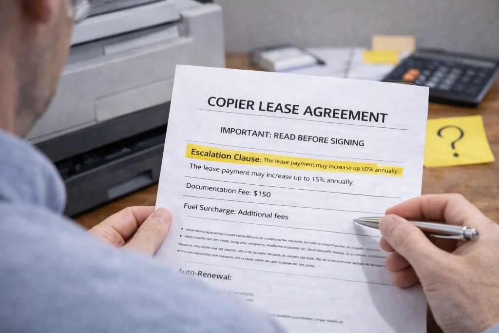 Person reviewing the "Important: Read Before Signing" section of Chicago Copier Lease Agreements.