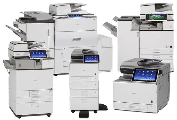 A diverse lineup of Ricoh and Sharp multi-function printers available for lease and short-term rental in Chicago.
